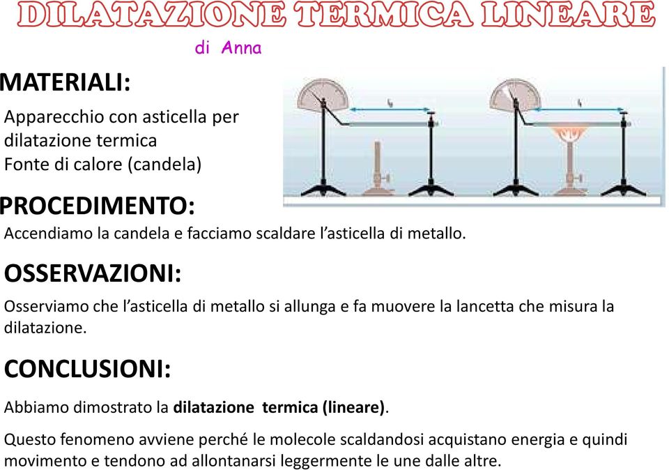 OSSERVAZIONI: Osserviamo che l asticella di metallo si allunga e fa muovere la lancetta che misura la dilatazione.