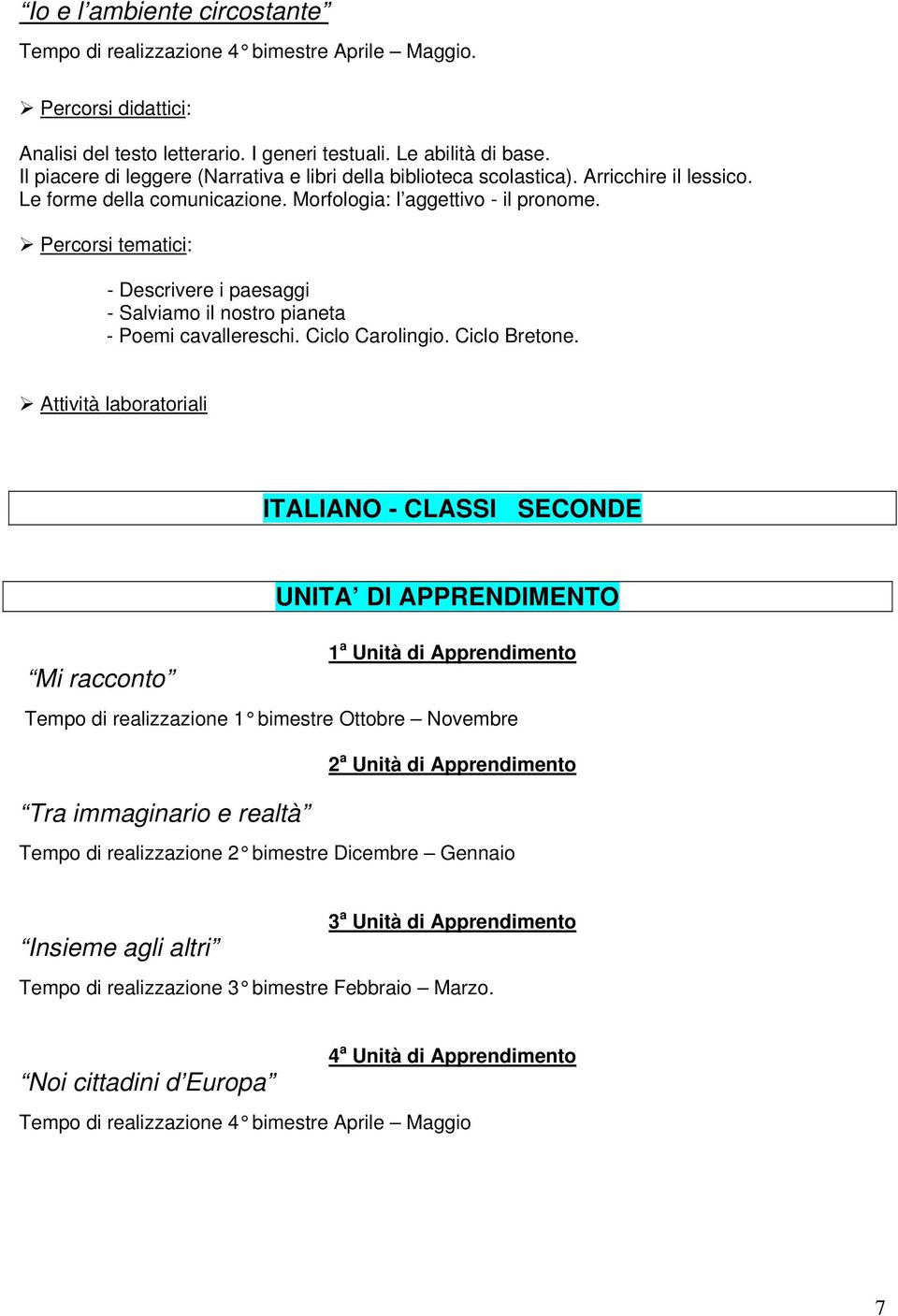 Percorsi tematici: - Descrivere i paesaggi - Salviamo il nostro pianeta - Poemi cavallereschi. Ciclo Carolingio. Ciclo Bretone.