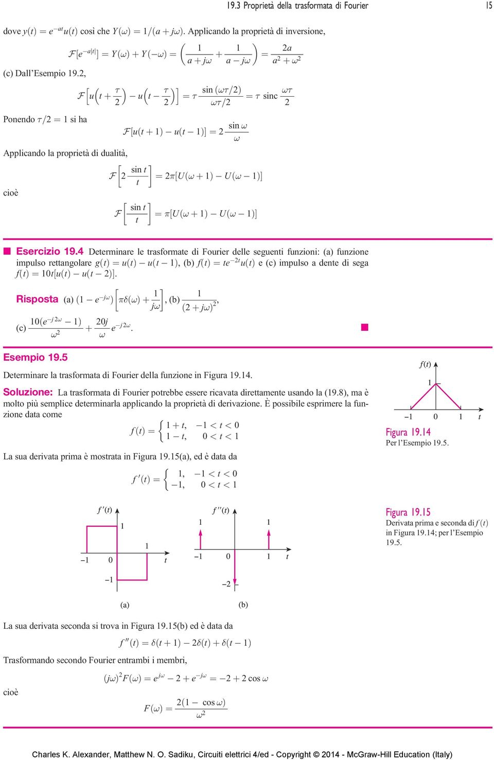 4 Determinare le trasformate di Fourier delle seguenti funzioni: (a) funzione impulso rettangolare gðtþ ¼uðtÞ uðt Þ, (b)fðtþ ¼te t uðtþ e (c) impulso a dente di sega fðtþ ¼t½uðtÞ uðt ÞŠ.