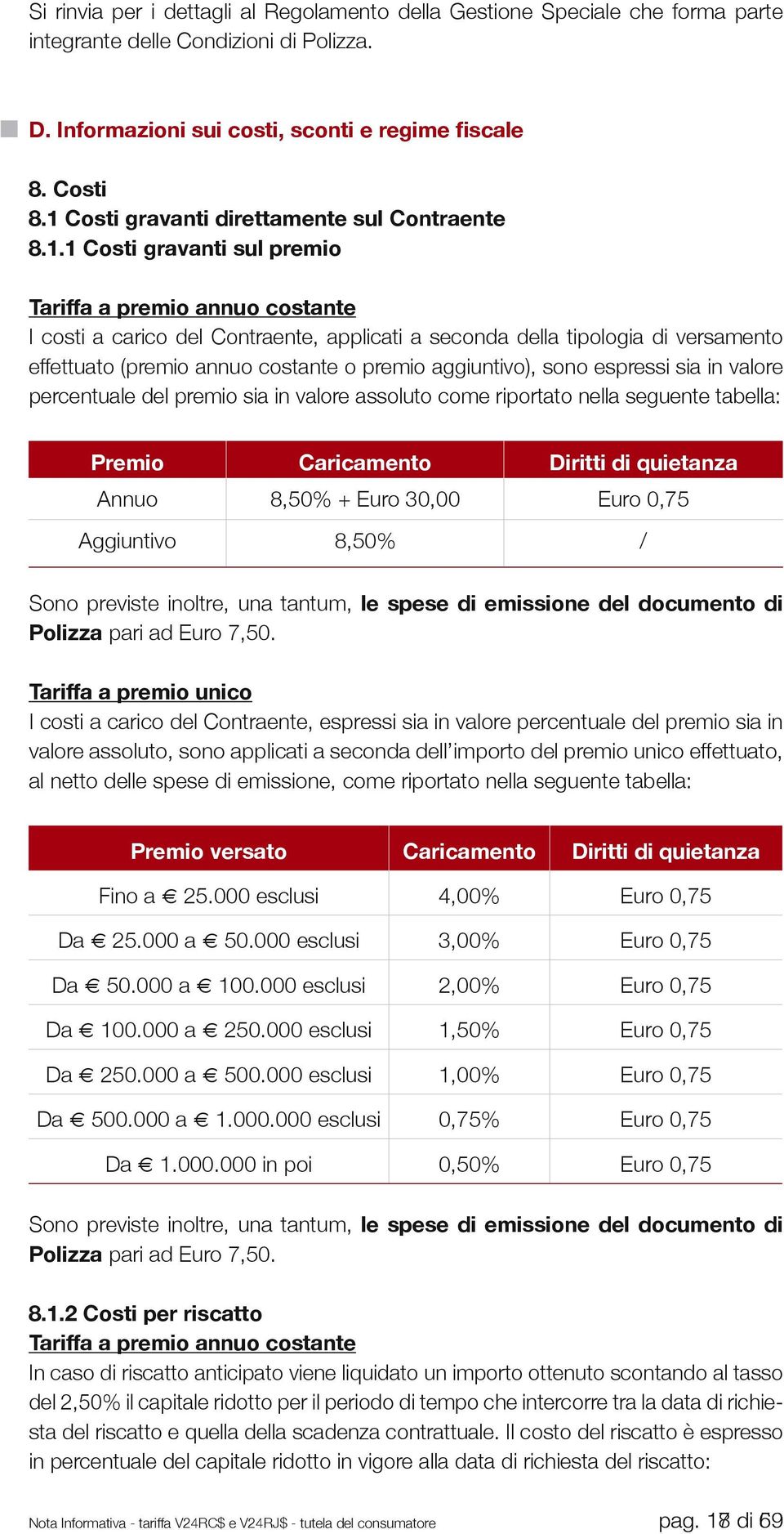 effettuato (premio annuo costante o premio aggiuntivo), sono espressi sia in valore percentuale del premio sia in valore assoluto come riportato nella seguente tabella: Premio Caricamento Diritti di