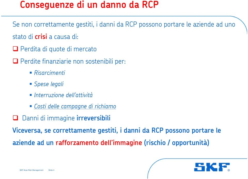 Interruzione dell attività Costi delle campagne di richiamo Danni di immagine irreversibili Viceversa, se correttamente