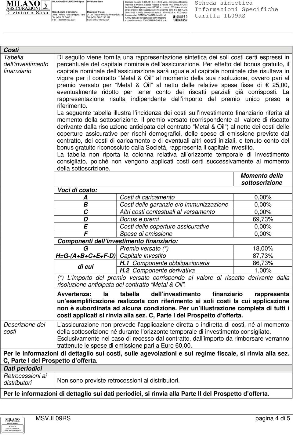 Per effetto del bonus gratuito, il capitale nominale dell assicurazione sarà uguale al capitale nominale che risultava in vigore per il contratto Metal & Oil al momento della sua risoluzione, ovvero