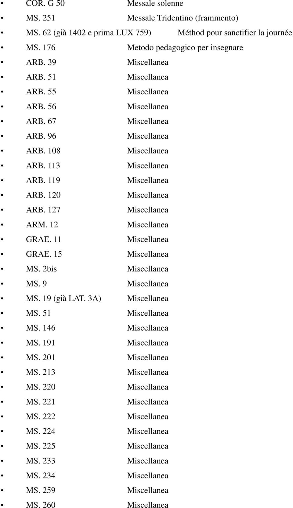 127 Miscellanea ARM. 12 Miscellanea GRAE. 11 Miscellanea GRAE. 15 Miscellanea MS. 2bis Miscellanea MS. 9 Miscellanea MS. 19 (già LAT. 3A) Miscellanea MS. 51 Miscellanea MS. 146 Miscellanea MS.