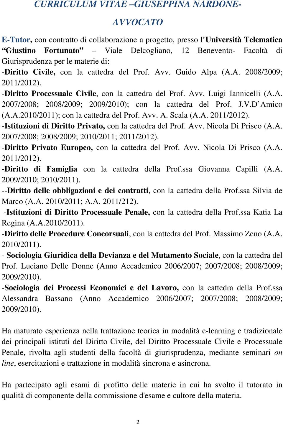 J.V.D Amico (A.A.2010/2011); con la cattedra del Prof. Avv. A. Scala (A.A. 2011/2012). -Istituzioni di Diritto Privato, con la cattedra del Prof. Avv. Nicola Di Prisco (A.A. 2007/2008; 2008/2009; 2010/2011; 2011/2012).