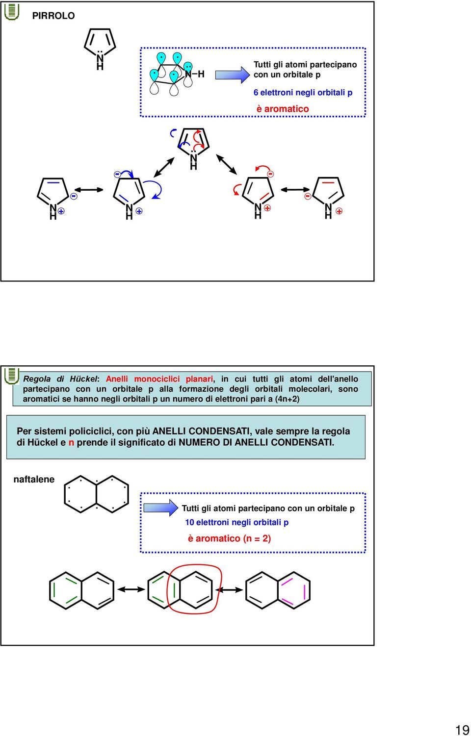 orbitali p un numero di elettroni pari a (4n2) Per sistemi policiclici, con più AELLI DESATI, vale sempre la regola di ückel e n prende il
