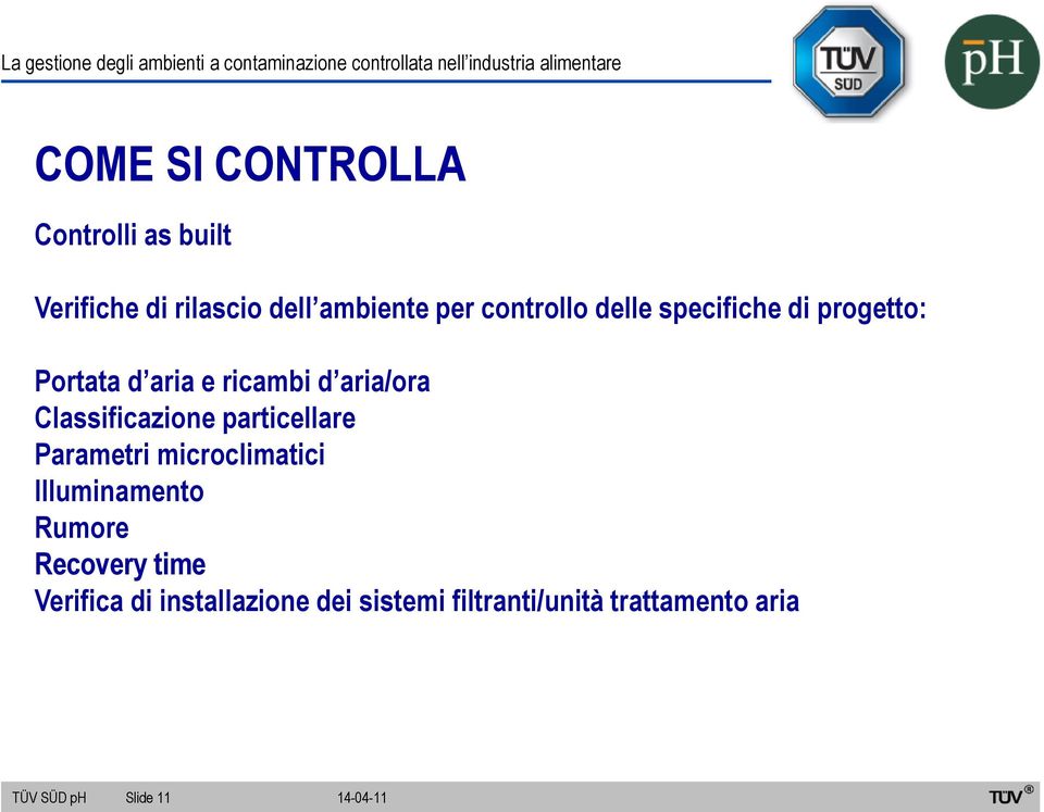 Classificazione particellare Parametri microclimatici Illuminamento Rumore Recovery