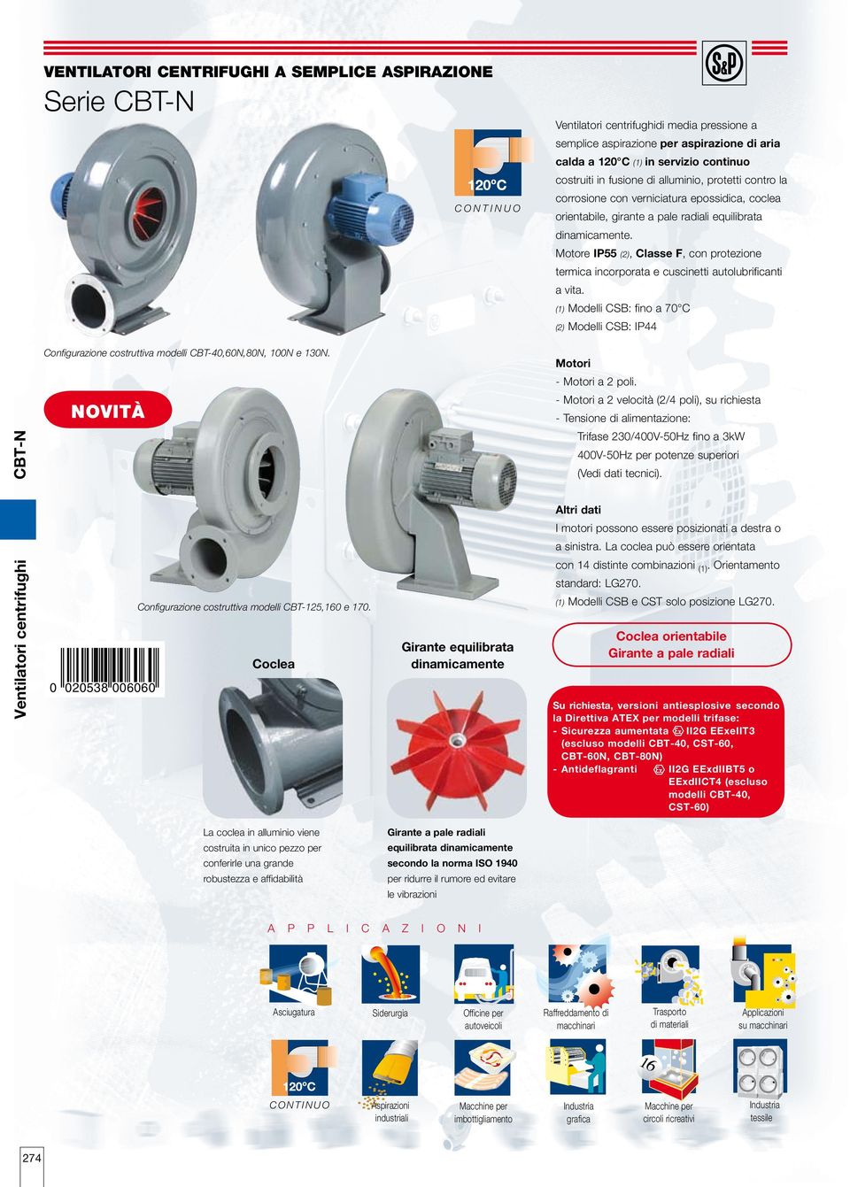 Motore IP55 (2), Classe F, con protezione termica incorporata e cuscinetti autolubrificanti a vita. Configurazione costruttiva modelli CBT-40,60N,80N, 100N e 130N.