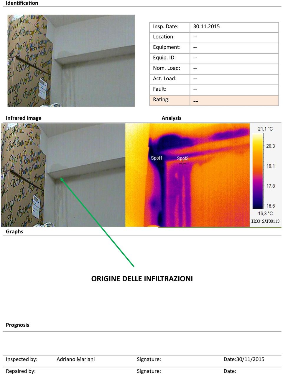 Load: -- Fault: -- Rating: -- Infrared image Analysis Emissività 0,97 Temp.