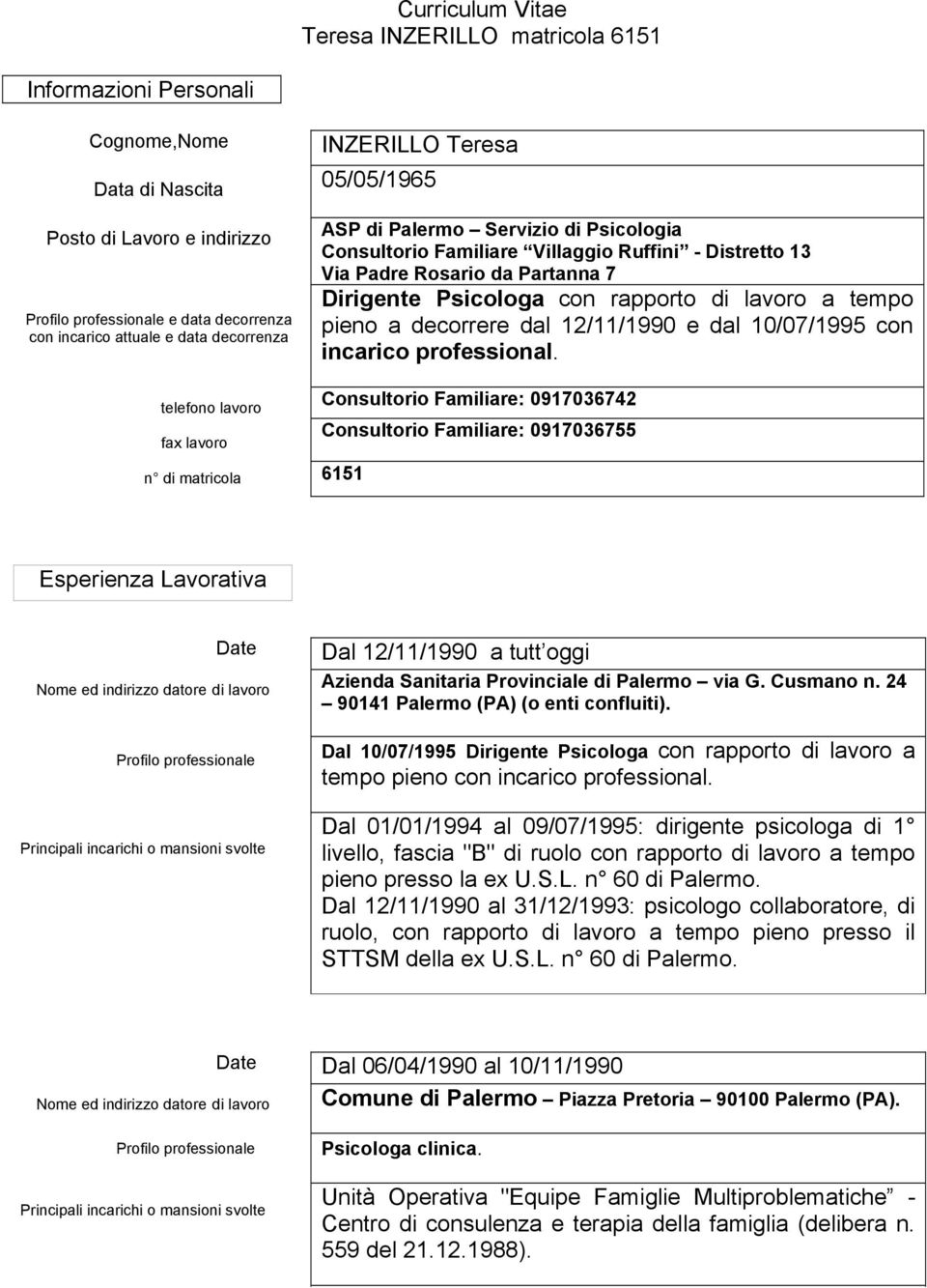 Dirigente Psicologa con rapporto di lavoro a tempo pieno a decorrere dal 12/11/1990 e dal 10/07/1995 con incarico professional.