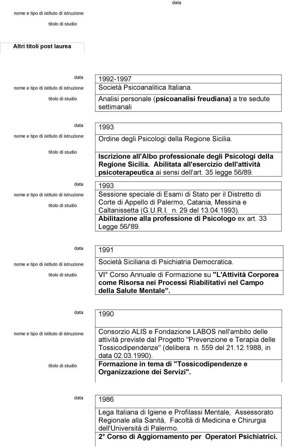 1993 Sessione speciale di Esami di Stato per il Distretto di Corte di Appello di Palermo, Catania, Messina e Caltanissetta (G.U.R.I. n. 29 del 13.04.1993).