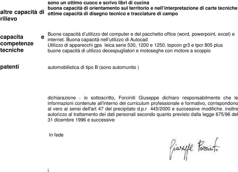 Buona capacità nell utilizzo di Autocad Utilizzo di apparecchi gps leica serie 530, 1200 e 1250.