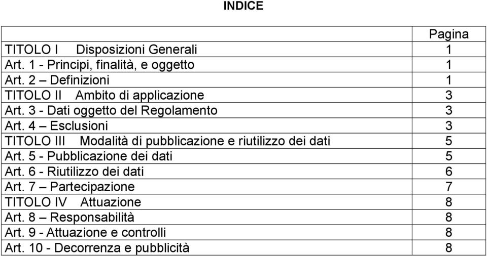 4 Esclusioni 3 TITOLO III Modalità di pubblicazione e riutilizzo dei dati 5 Art. 5 - Pubblicazione dei dati 5 Art.