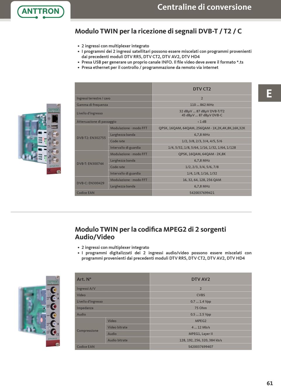 ts Presa ethernet per il controllo / programmazione da remoto via internet DTV CT2 Ingressi terrestre / cavo 2 Gamma di frequenza Livello d ingresso Attenuazione di passaggio DVB-T2: EN302755 DVB-T: