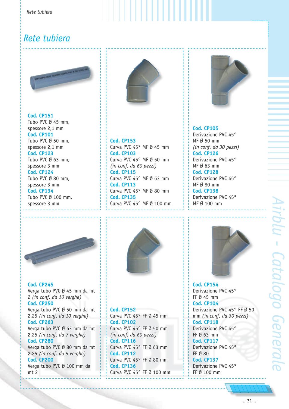 CP250 Verga tubo PVC Ø 50 mm da mt 2,25 (in conf. da 10 verghe) Cod. CP263 Verga tubo PVC Ø 63 mm da mt 2,25 (in conf. da 7 verghe) Cod. CP280 Verga tubo PVC Ø 80 mm da mt 2,25 (in conf.