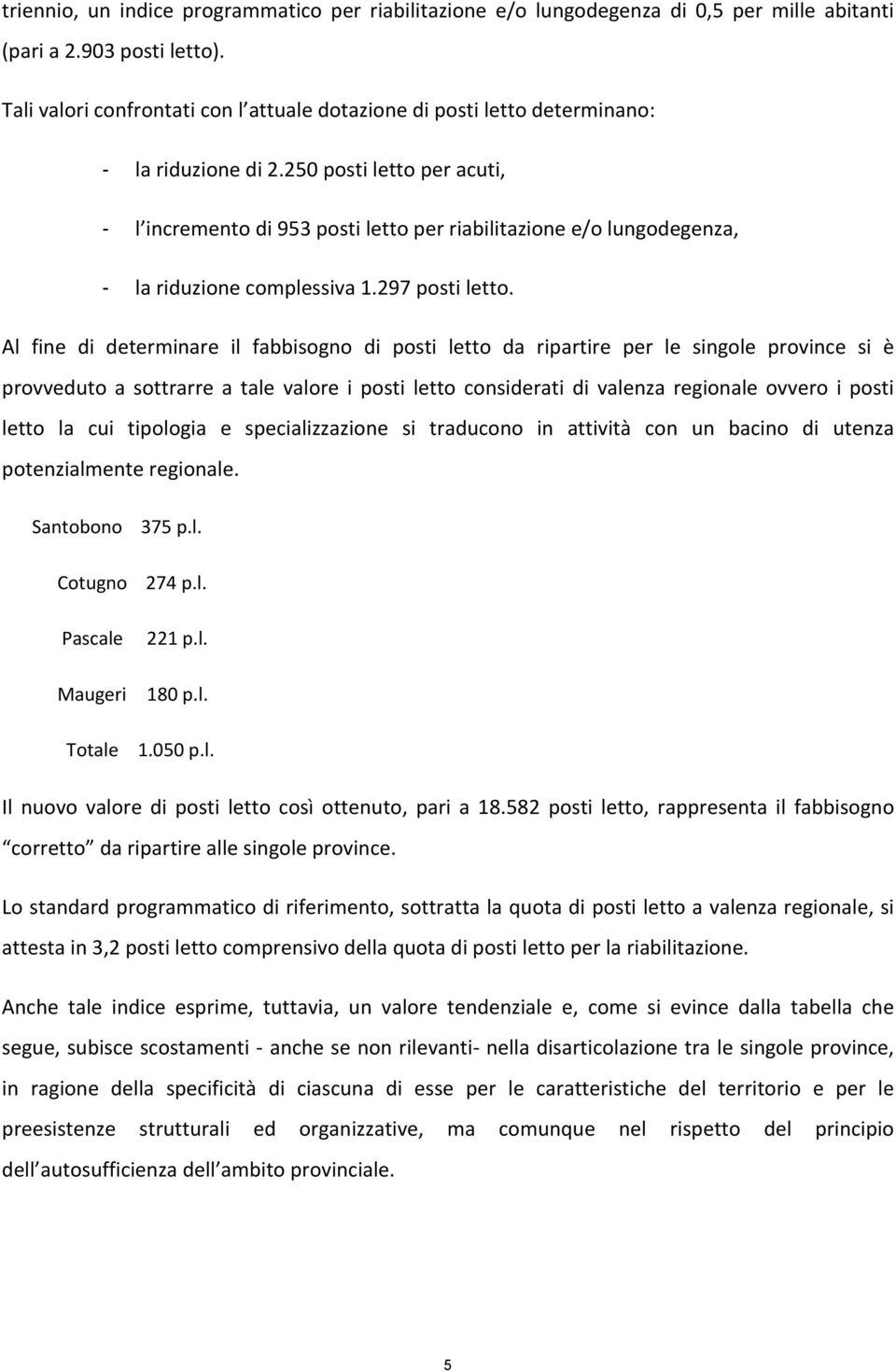 250 posti letto per acuti, l incremento di 953 posti letto per riabilitazione e/o lungodegenza, la riduzione complessiva 1.297 posti letto.