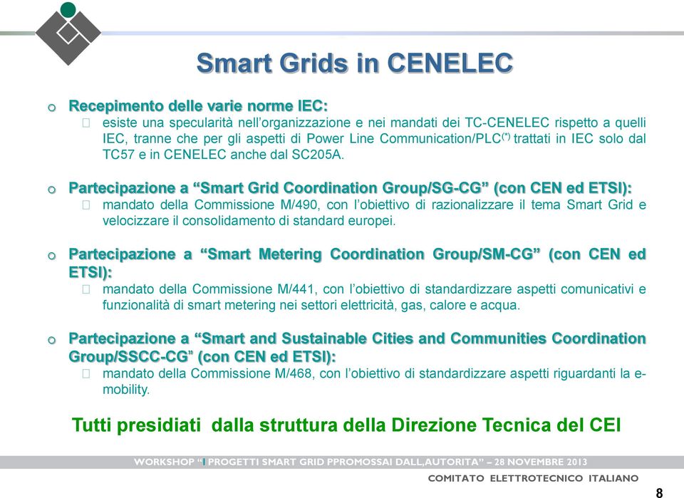 Partecipazine a Smart Grid Crdinatin Grup/SG-CG (cn CEN ed ETSI): mandat della Cmmissine M/490, cn l biettiv di razinalizzare il tema Smart Grid e velcizzare il cnslidament di standard eurpei.