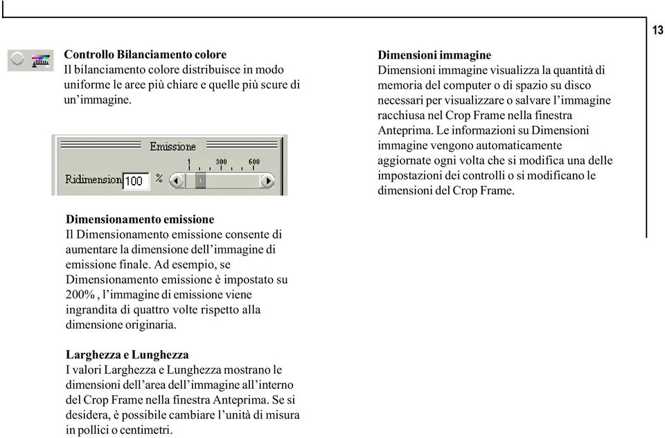 Anteprima. Le informazioni su Dimensioni immagine vengono automaticamente aggiornate ogni volta che si modifica una delle impostazioni dei controlli o si modificano le dimensioni del Crop Frame.