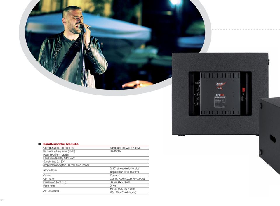 Dimensioni (WxHxD) Peso netto Alimentazione Bandpass subwoofer attivo 50-120Hz 2x12 al Neodimio ventilati lunga