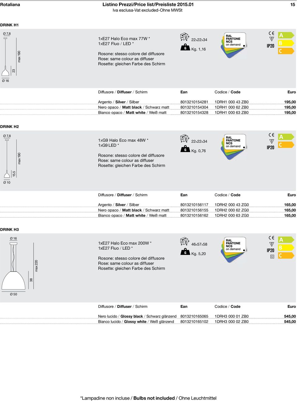 1,16 23 Ø 16 Diffusore / Diffuser / Schirm Ean odice / ode Euro Argento / Silver / Silber 8013210154281 1DRH1 000 43 ZB0 195,00 Nero opaco / Matt black / Schwarz matt 8013210154304 1DRH1 000 62 ZB0