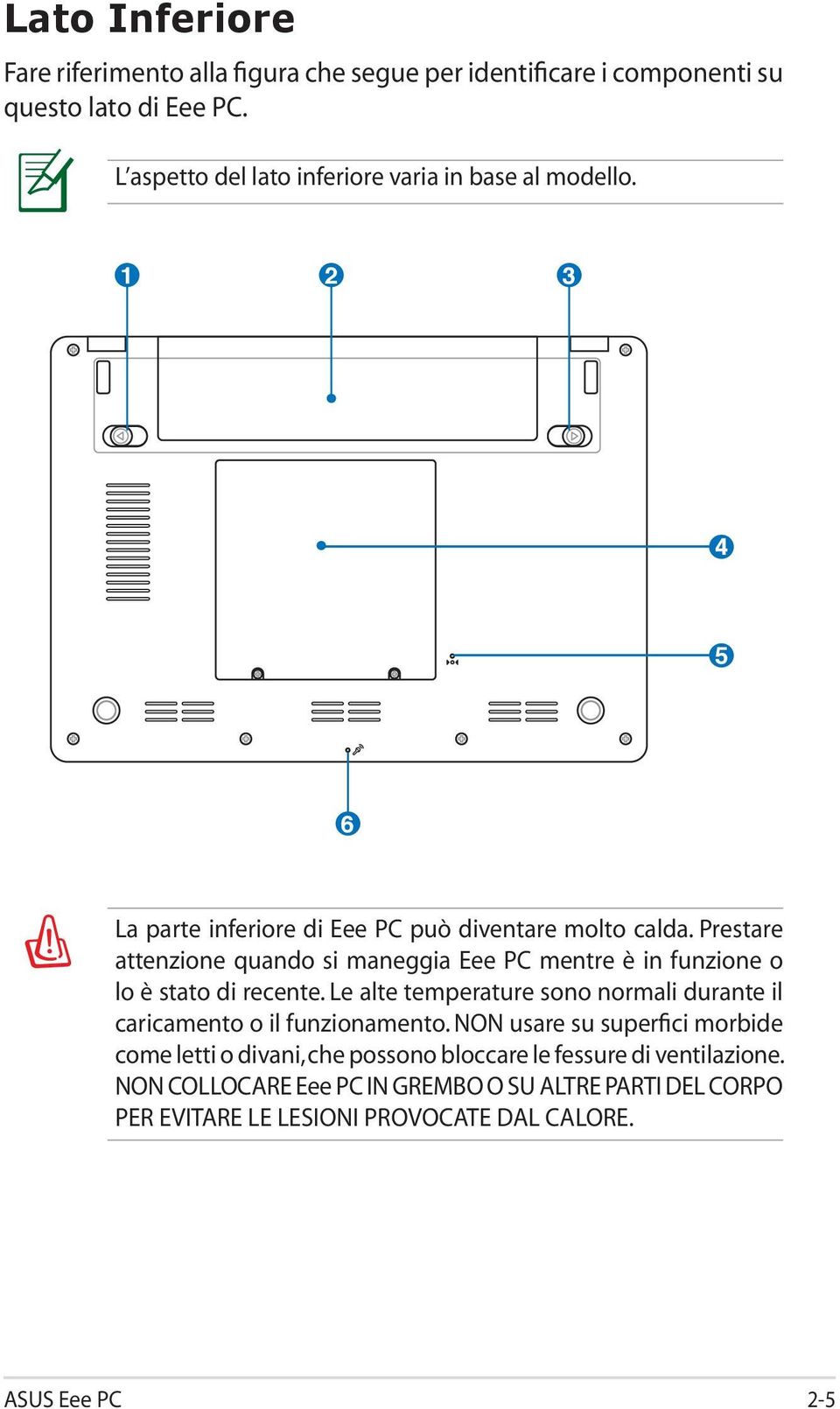 Prestare attenzione quando si maneggia Eee PC mentre è in funzione o lo è stato di recente.