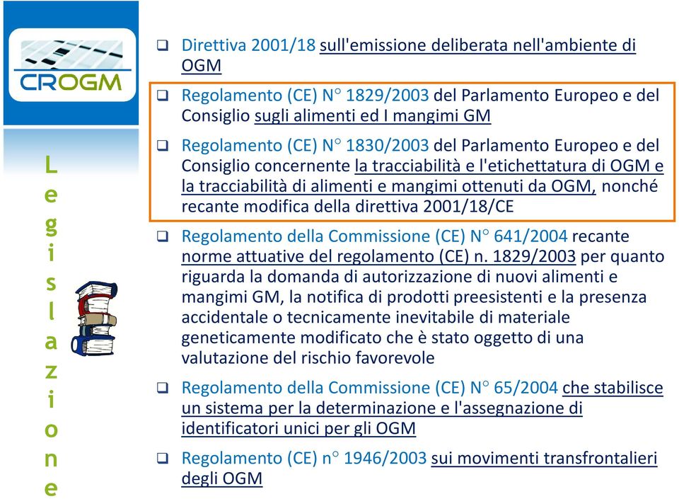direttiva 2001/18/CE Regolamento della Commissione (CE) N 641/2004 recante norme attuative del regolamento (CE) n.