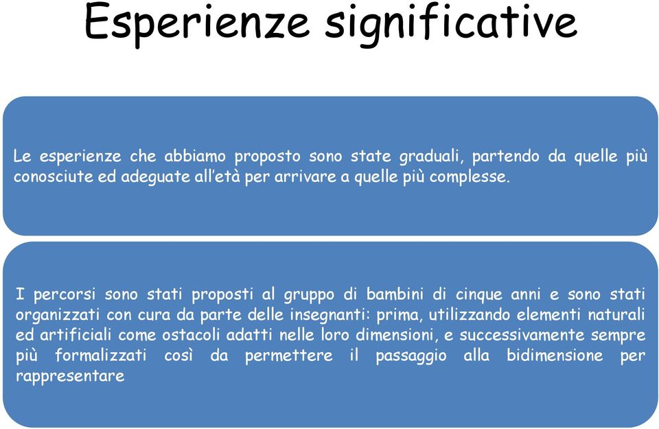 I percorsi sono stati proposti al gruppo di bambini di cinque anni e sono stati organizzati con cura da parte delle