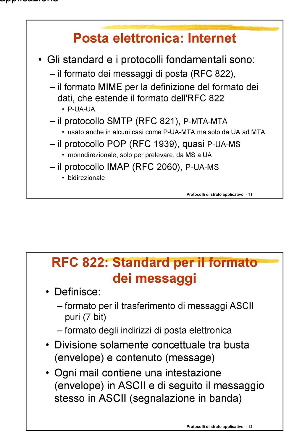 prelevare, da MS a UA il protocollo IMAP (RFC 2060), P-UA-MS bidirezionale Protocolli di strato applicativo - 11 RFC 822: Standard per il formato dei messaggi Definisce: formato per il trasferimento