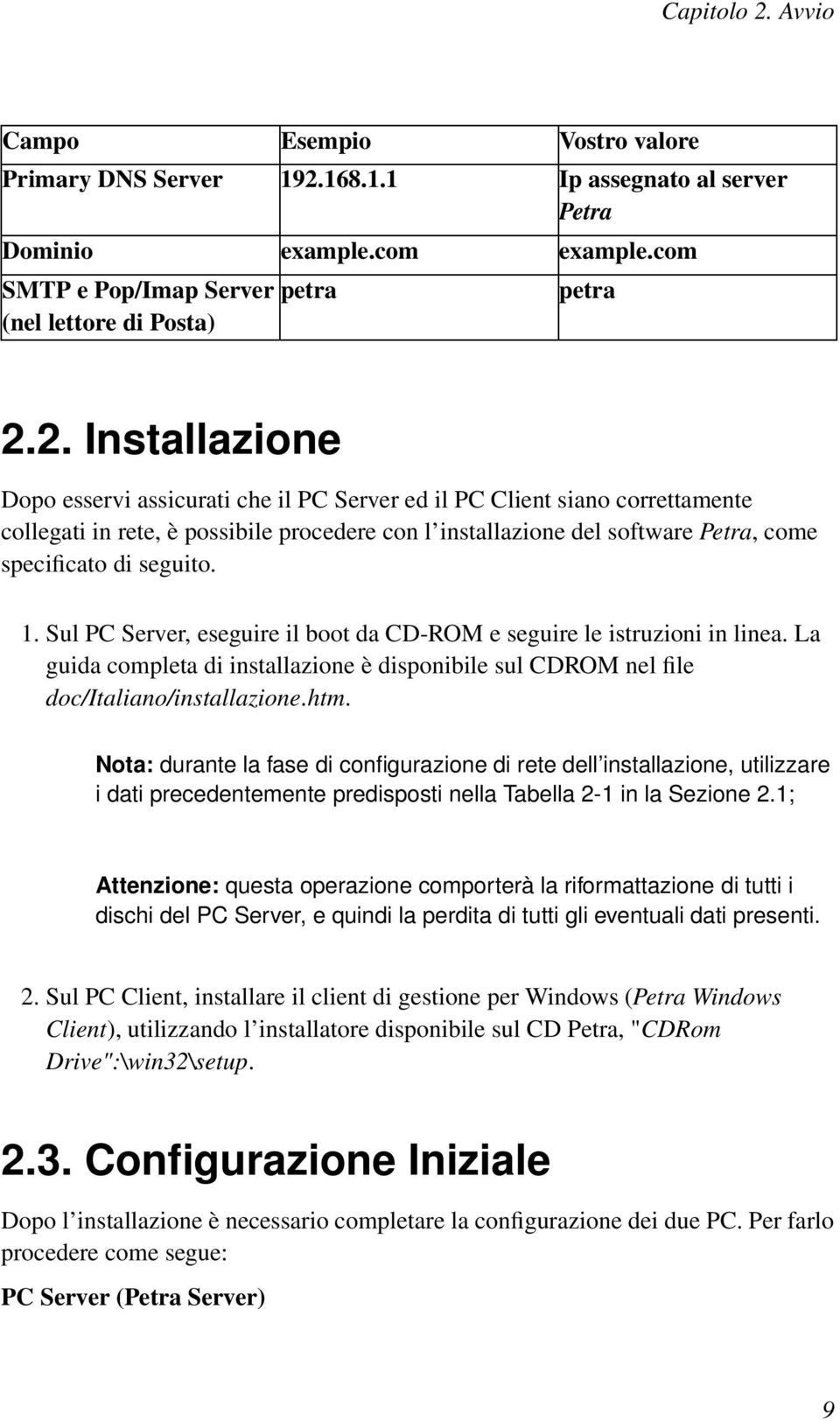 168.1.1 Ip assegnato al server Petra Dominio example.com example.com SMTP e Pop/Imap Server (nel lettore di Posta) petra petra 2.