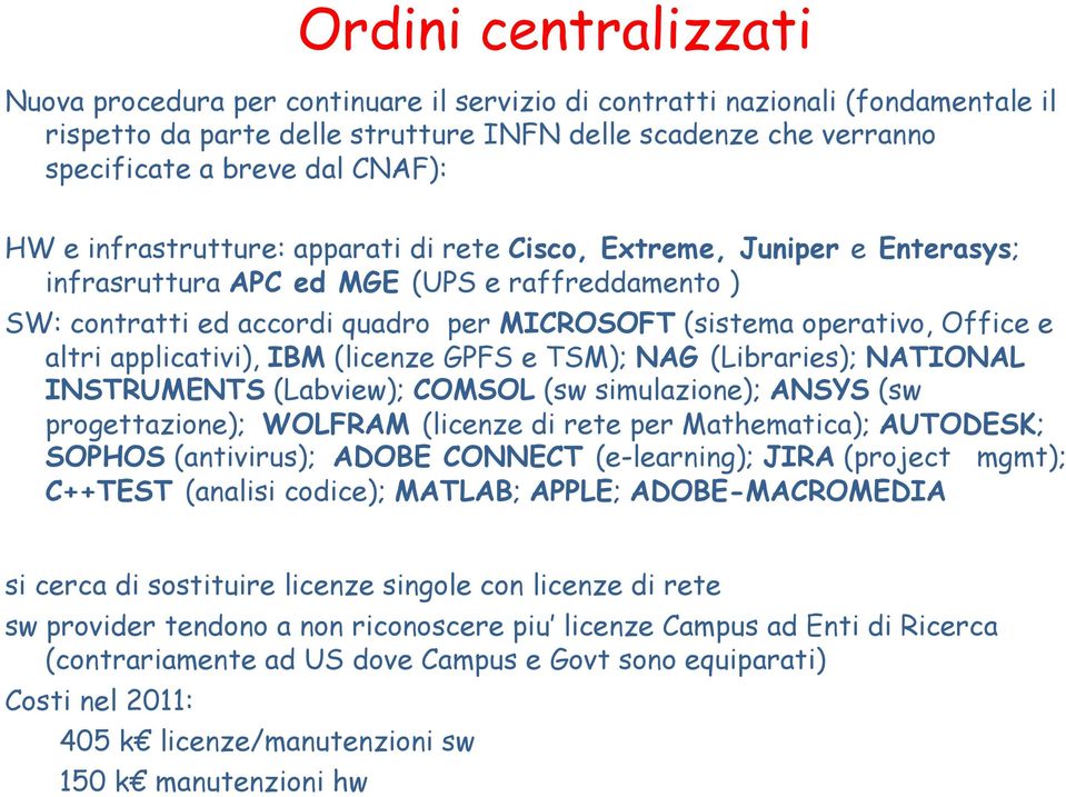 Office e altri applicativi), IBM (licenze GPFS e TSM); NAG (Libraries); NATIONAL INSTRUMENTS (Labview); COMSOL (sw simulazione); ANSYS (sw progettazione); WOLFRAM (licenze di rete per Mathematica);