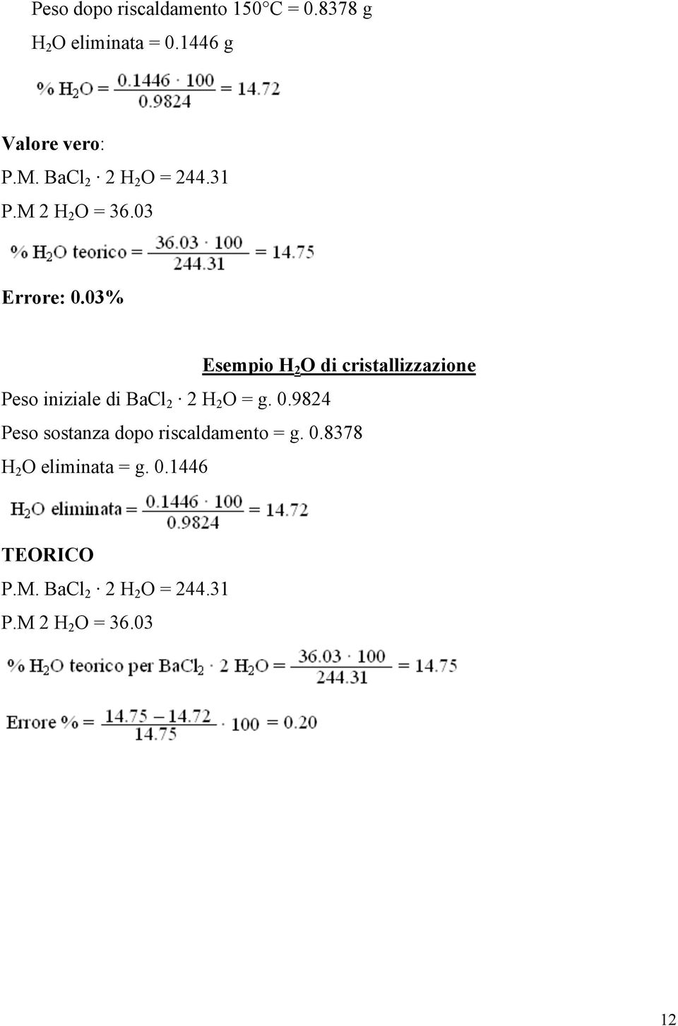 03% Esempio H 2 O di cristallizzazione Peso iniziale di BaCl 2 2 H 2 O = g. 0.