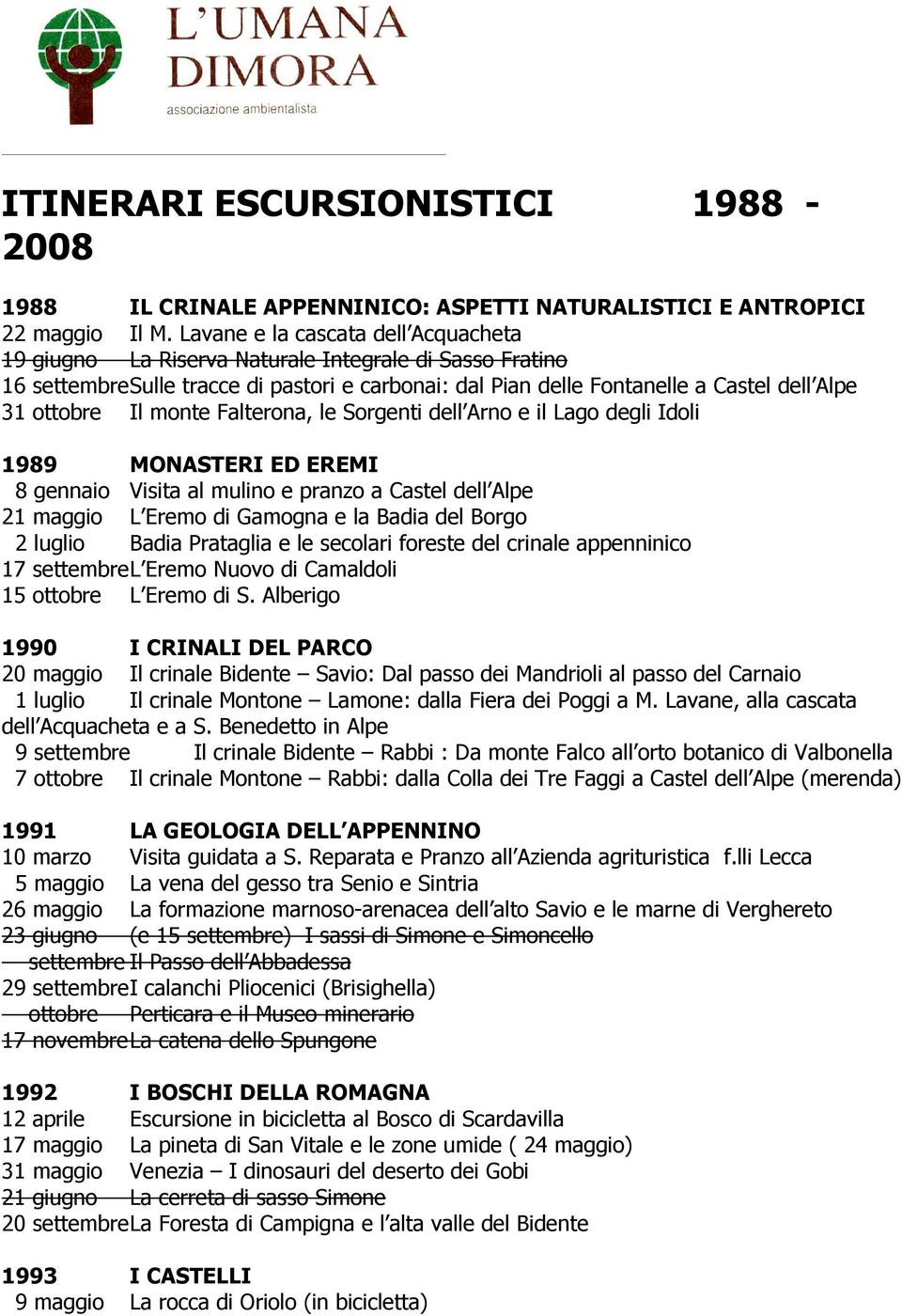 Il monte Falterona, le Sorgenti dell Arno e il Lago degli Idoli 1989 MONASTERI ED EREMI 8 gennaio Visita al mulino e pranzo a Castel dell Alpe 21 maggio L Eremo di Gamogna e la Badia del Borgo 2