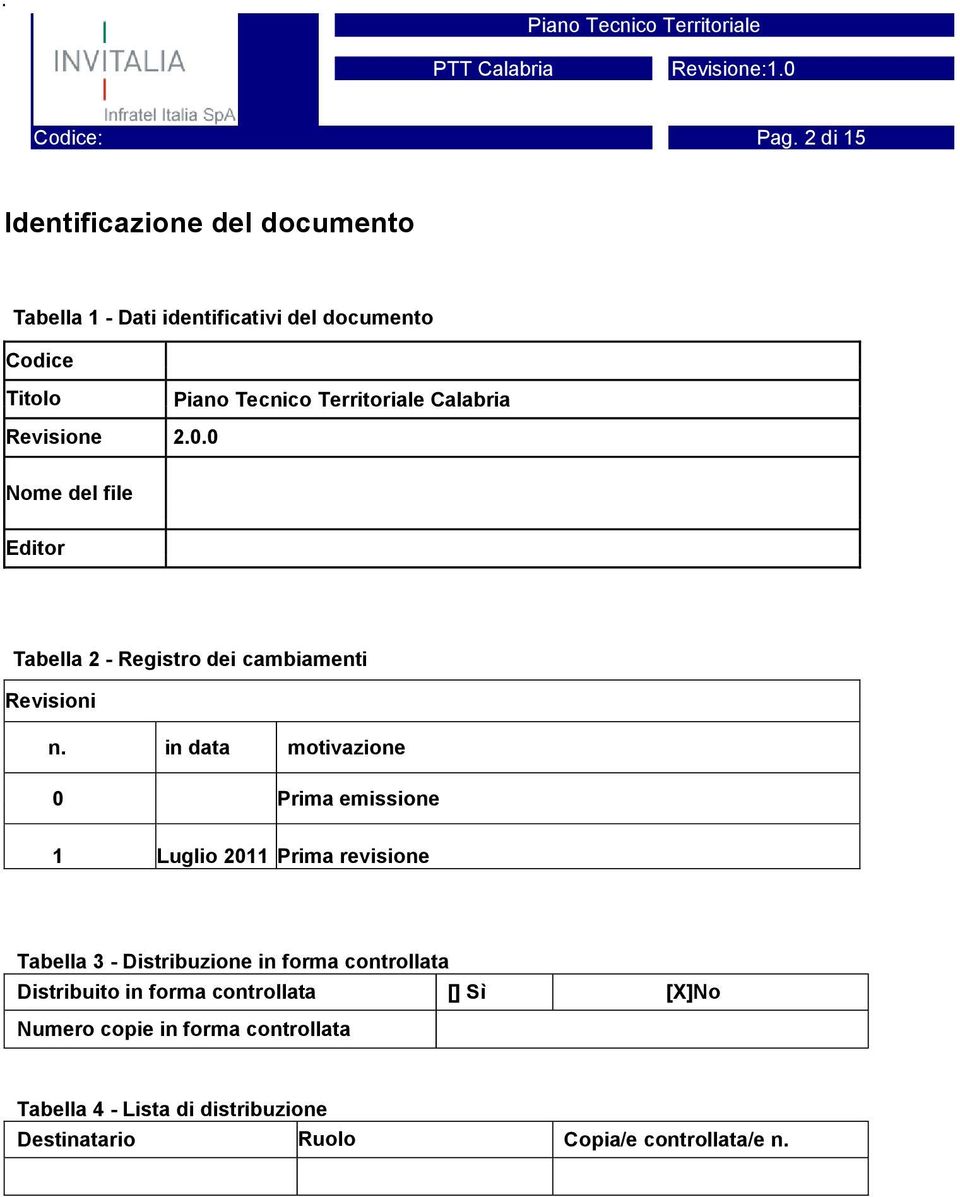 Calabria Revisione 2.0.0 Nome del file Editor Tabella 2 - Registro dei cambiamenti Revisioni n.