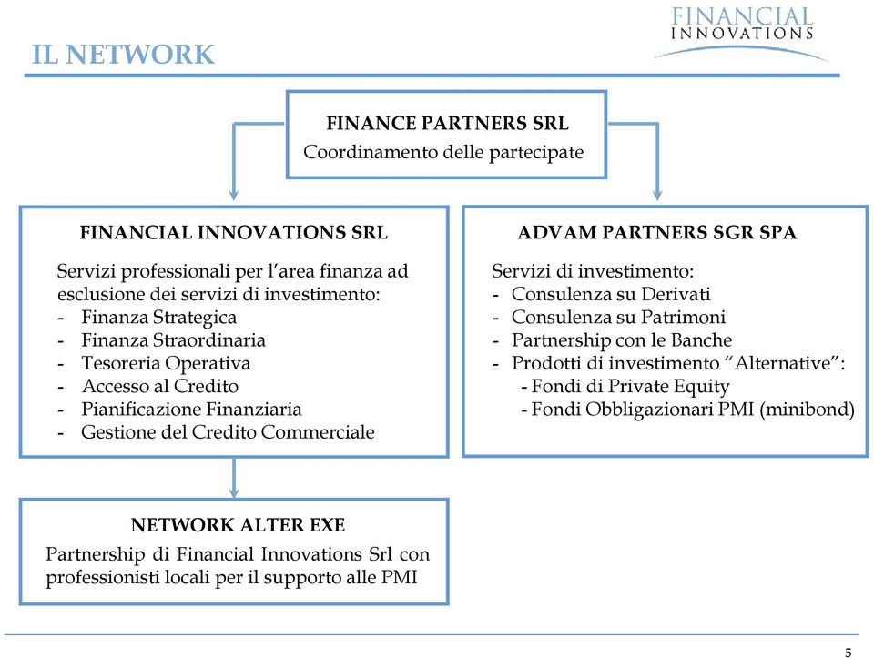 ADVAM PARTNERS SGR SPA Servizi di investimento: - Consulenza su Derivati - Consulenza su Patrimoni - Partnership con le Banche - Prodotti di investimento Alternative :