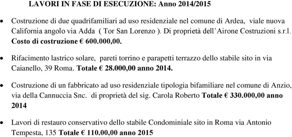 Rifacimento lastrico solare, pareti torrino e parapetti terrazzo dello stabile sito in via Caianello, 39 Roma. Totale 28.000,00 anno 2014.