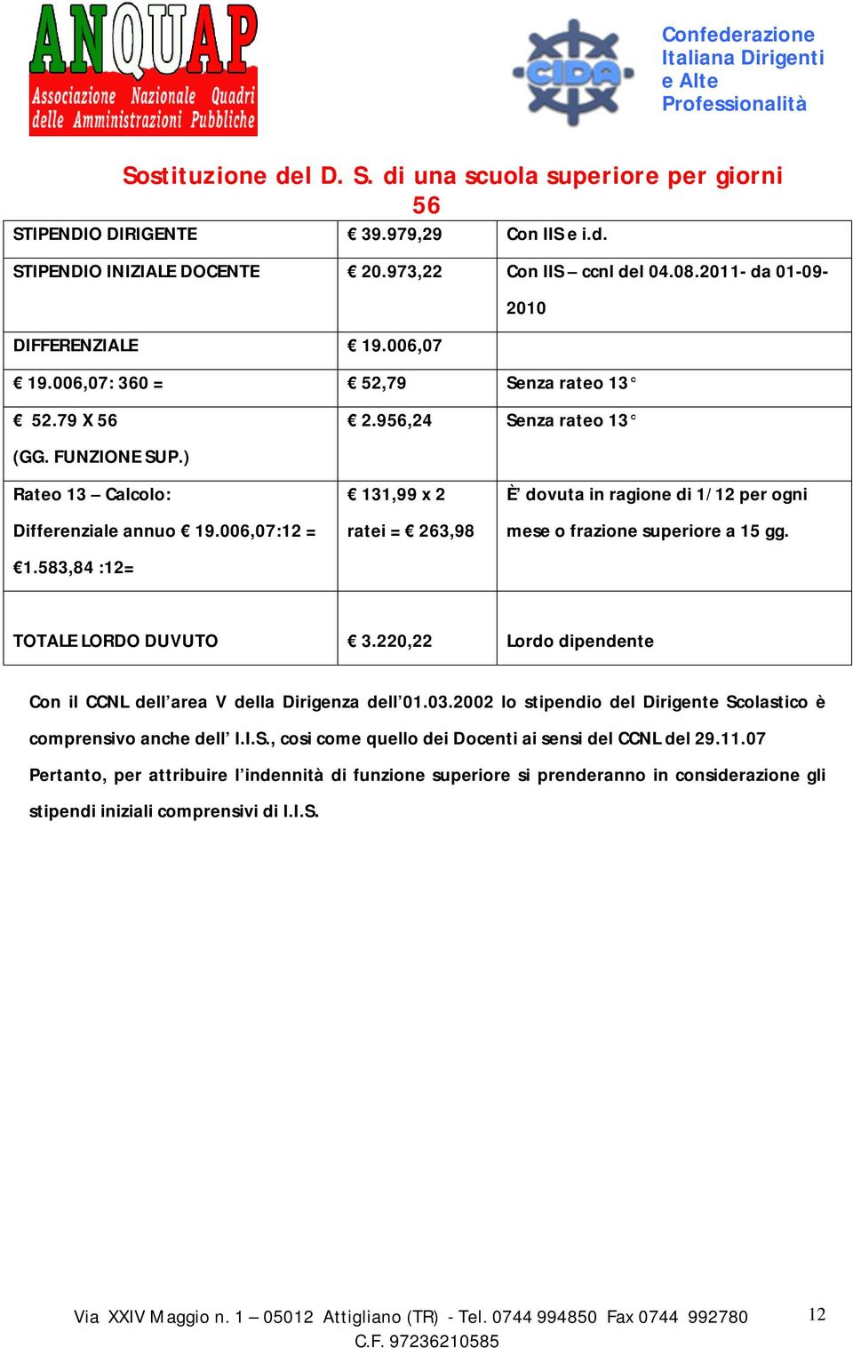 956,24 Senza rateo 13 131,99 x 2 È dovuta in ragione di 1/12 per ogni ratei = 263,98 mese o frazione superiore a 15 gg. TOTALE LORDO DUVUTO 3.