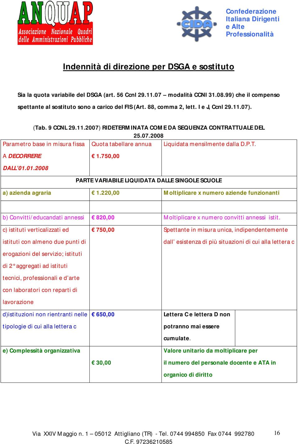 P.T. A DECORRERE DALL 01.01.2008 1.750,00 PARTE VARIABILE LIQUIDATA DALLE SINGOLE SCUOLE a) azienda agraria 1.