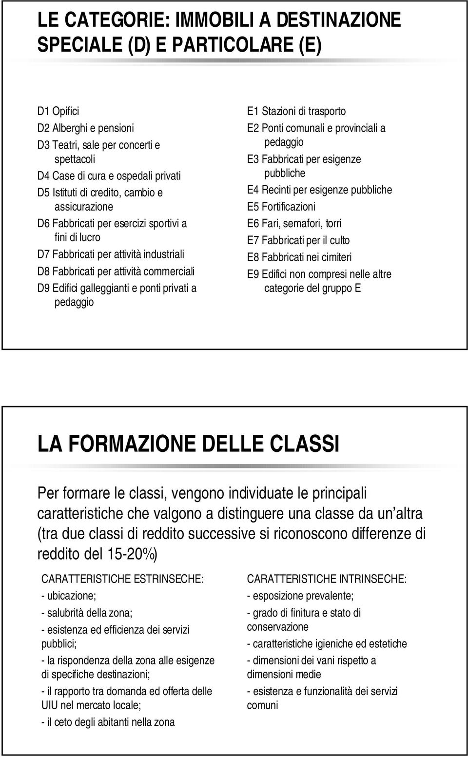 privati a pedaggio E1 Stazioni di trasporto E2 Ponti comunali e provinciali a pedaggio E3 Fabbricati per esigenze pubbliche E4 Recinti per esigenze pubbliche E5 Fortificazioni E6 Fari, semafori,