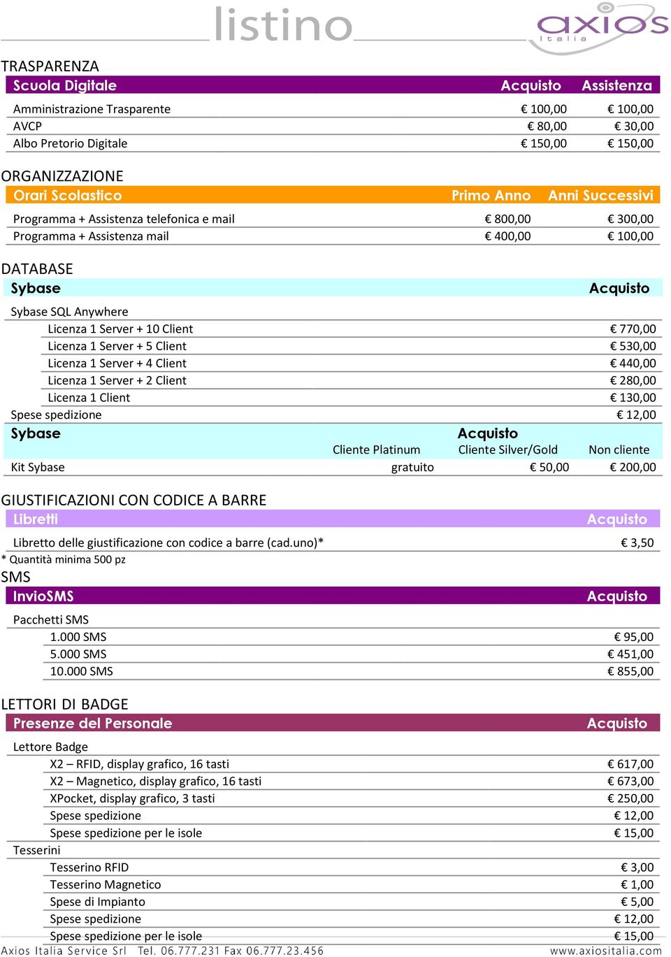 530,00 Licenza 1 Server + 4 Client 440,00 Licenza 1 Server + 2 Client 280,00 Licenza 1 Client 130,00 Spese spedizione 12,00 Sybase Cliente Platinum Cliente Silver/Gold Non cliente Kit Sybase gratuito