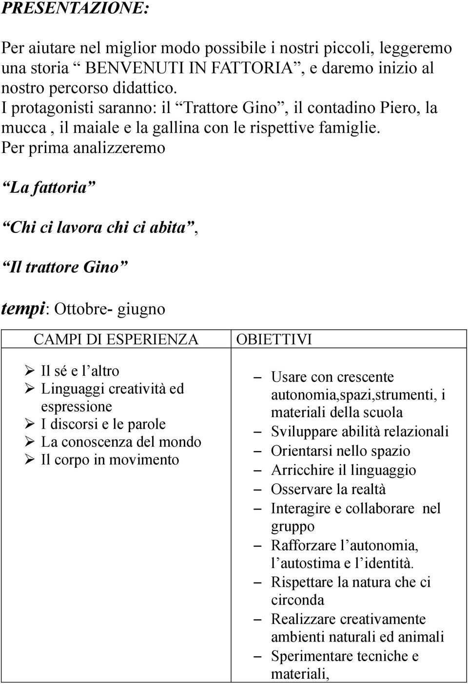 Per prima analizzeremo La fattoria Chi ci lavora chi ci abita, Il trattore Gino tempi: Ottobre- giugno CAMPI DI ESPERIENZA Il sé e l altro Linguaggi creatività ed espressione I discorsi e le parole