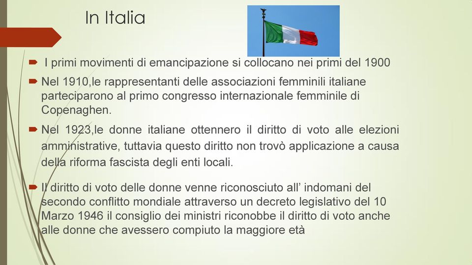 Nel 1923,le donne italiane ottennero il diritto di voto alle elezioni amministrative, tuttavia questo diritto non trovò applicazione a causa della riforma fascista