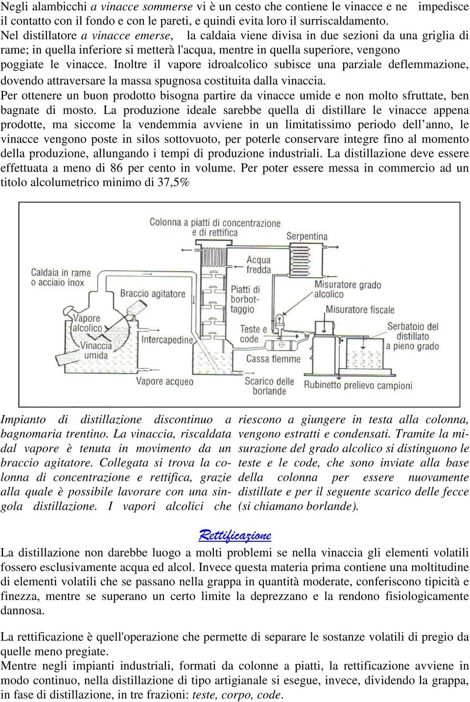 Inoltre il vapore idroalcolico subisce una parziale deflemmazione, dovendo attraversare la massa spugnosa costituita dalla vinaccia.