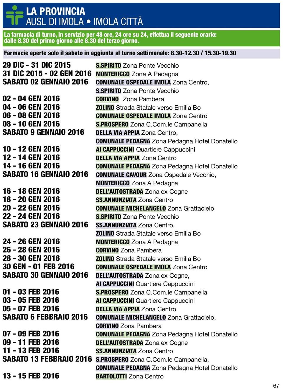 SPIRITO Zona Ponte Vecchio 31 DIC 2015-02 GEN 2016 MONTERICCO Zona A Pedagna SABATO 02 GENNAIO 2016 OSPEDALE IMOLA Zona Centro, S.