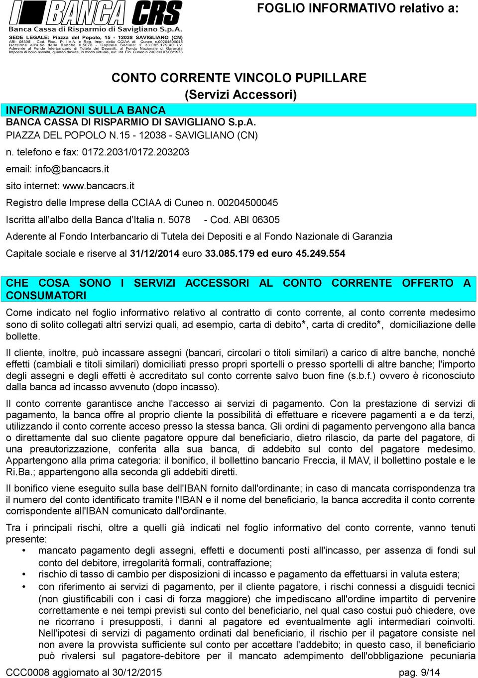 00204500045 Iscritta all albo della Banca d Italia n. 5078 - Cod.