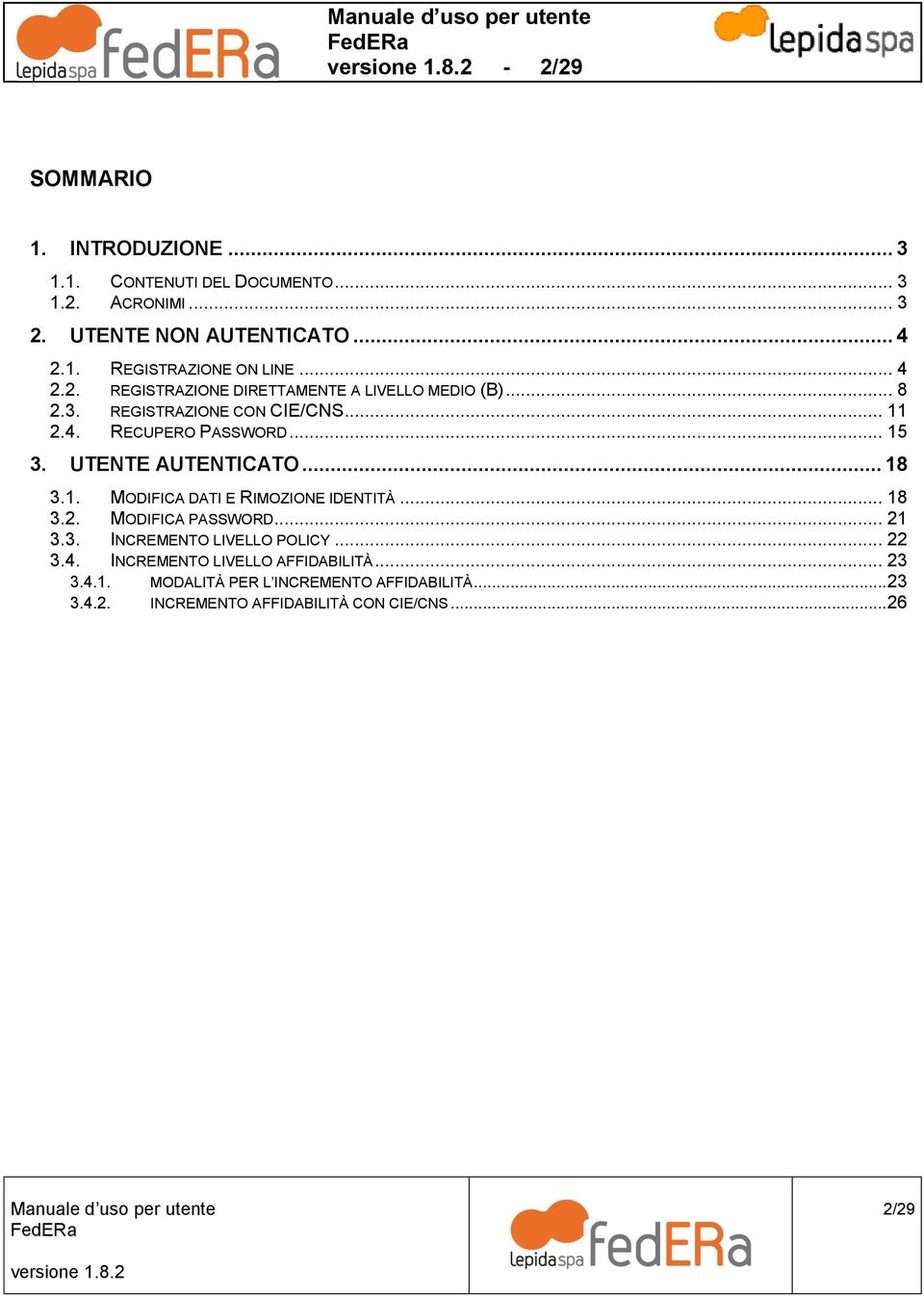 UTENTE AUTENTICATO... 18 3.1. MODIFICA DATI E RIMOZIONE IDENTITÀ... 18 3.2. MODIFICA PASSWORD... 21 3.3. INCREMENTO LIVELLO POLICY... 22 3.4.