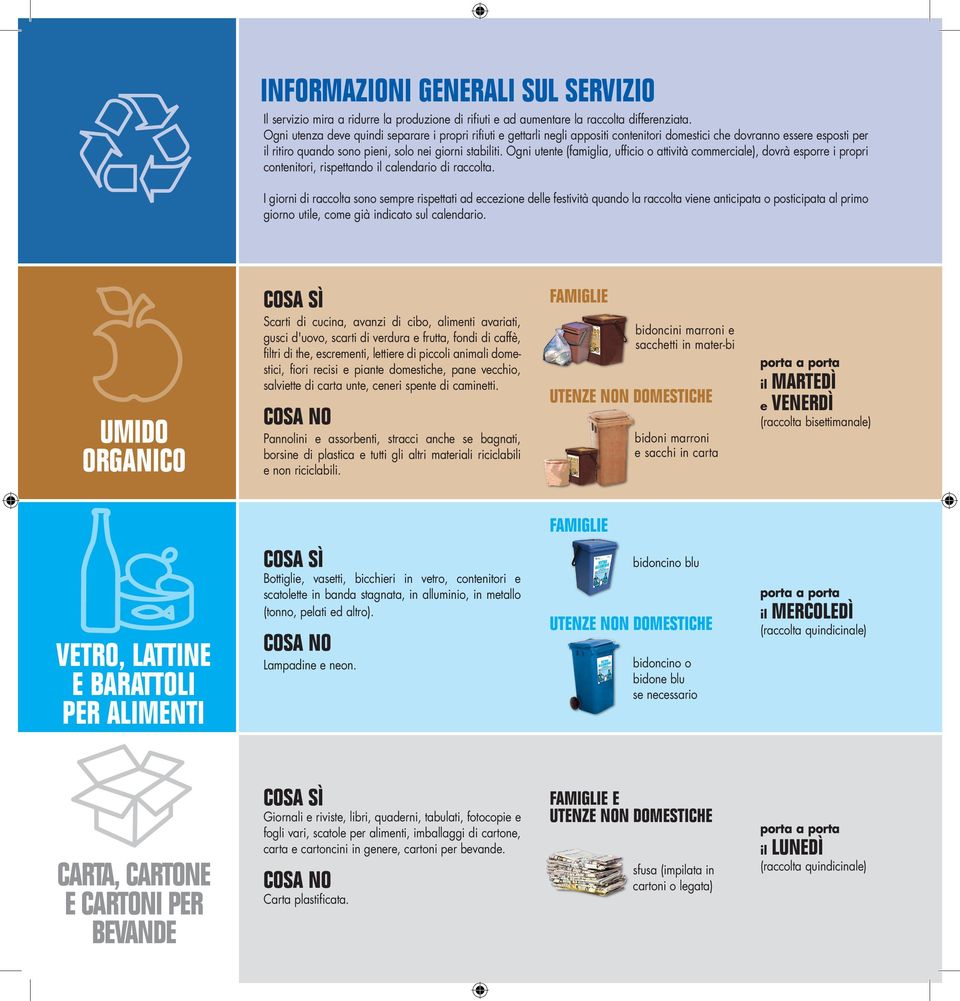 Ogni utente (famiglia, ufficio o attività commerciale), dovrà esporre i propri contenitori, rispettando il calendario di raccolta.