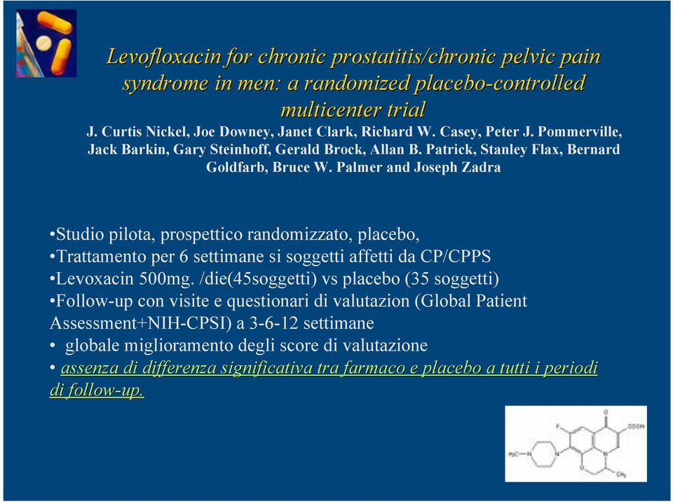 Palmer and Joseph Zadra Studio pilota, prospettico randomizzato, placebo, Trattamento per 6 settimane si soggetti affetti da CP/CPPS Levoxacin 500mg.