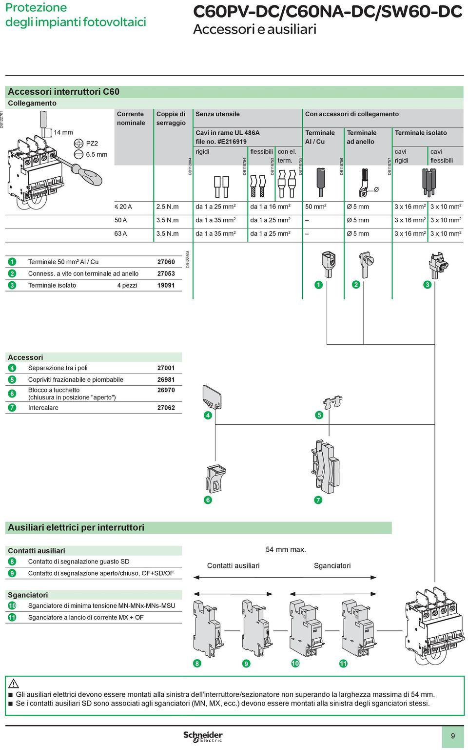 DB118754 DB116753 DB118755 Con accessori di collegamento Terminale Al / Cu DB118756 Terminale ad anello DB118757 Terminale isolato cavi rigidi cavi flessibili y 20 A 2.5 N.