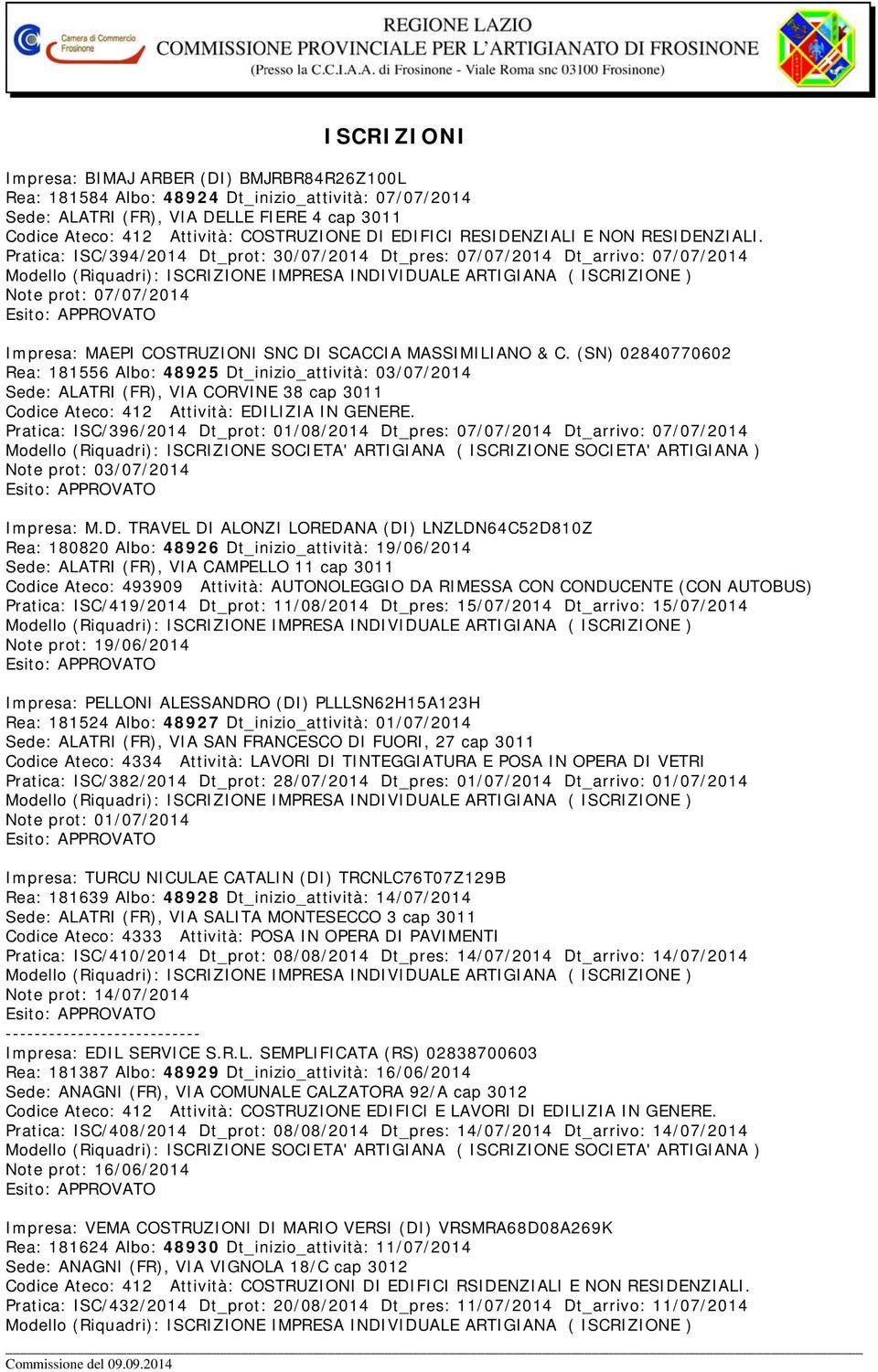 Pratica: ISC/394/2014 Dt_prot: 30/07/2014 Dt_pres: 07/07/2014 Dt_arrivo: 07/07/2014 Note prot: 07/07/2014 Impresa: MAEPI COSTRUZIONI SNC DI SCACCIA MASSIMILIANO & C.