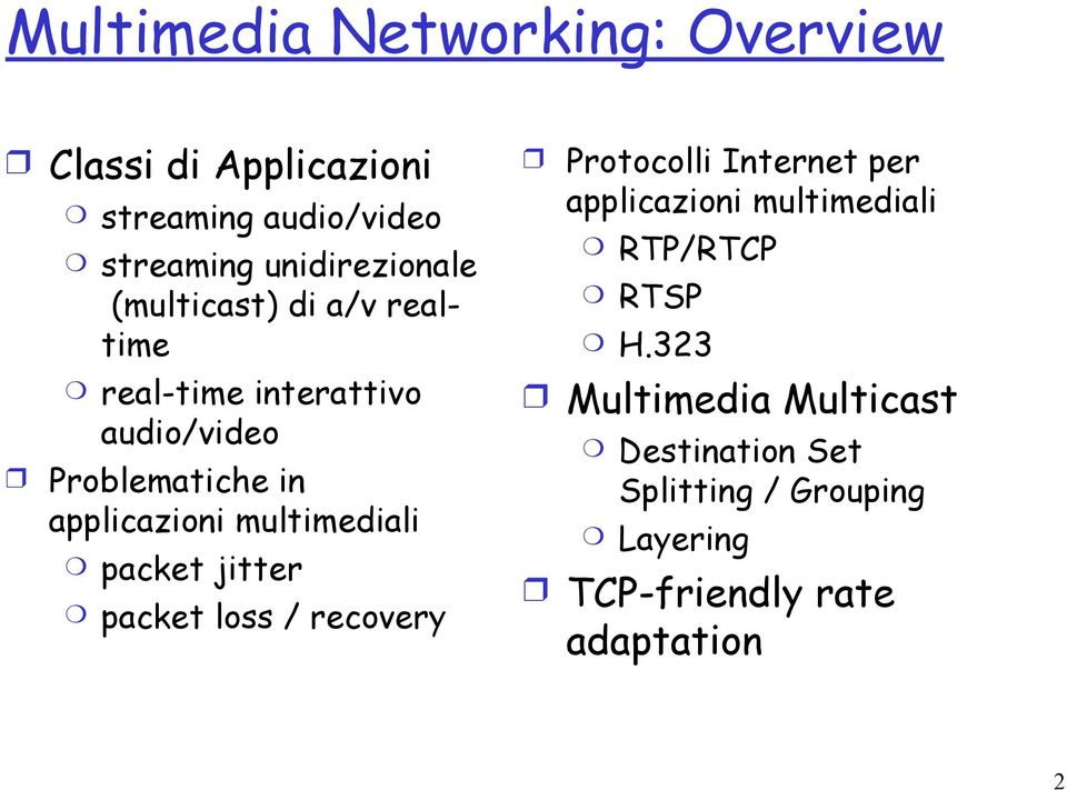 multimediali packet jitter packet loss / recovery Protocolli Internet per applicazioni multimediali