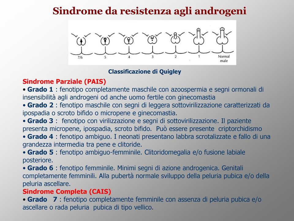 Grado 3 : fenotipo con virilizzazione e segni di sottovirilizzazione. Il paziente presenta micropene, ipospadia, scroto bifido. Può essere presente criptorchidismo Grado 4 : fenotipo ambiguo.